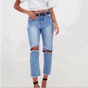 Pretty Little Thing Mid Wash Extreme Knee Rip Slim Jean 6
